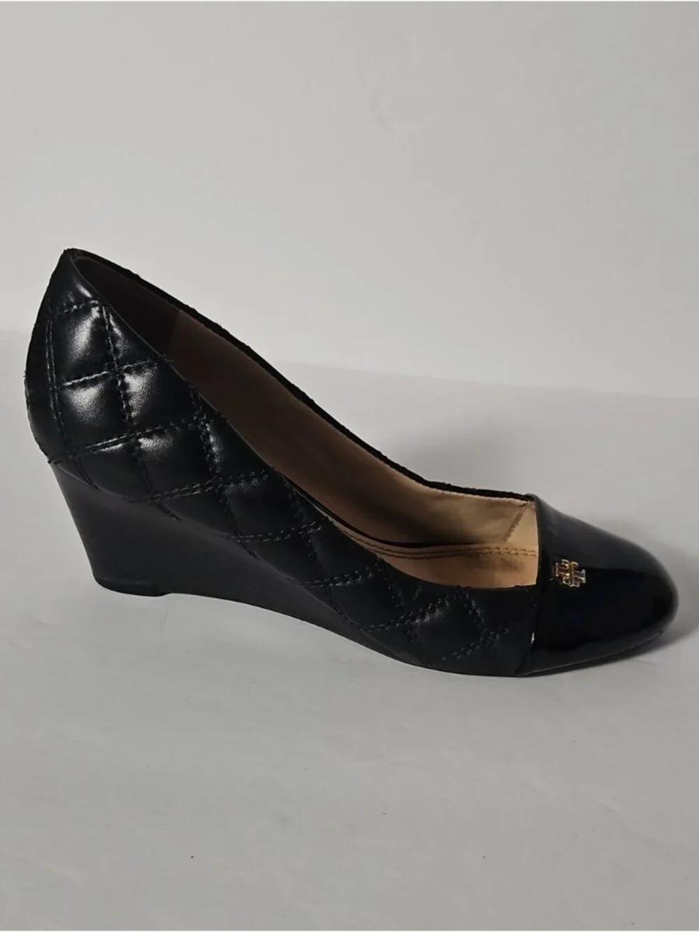 Tory Burch Quilted Patent Leather Cap Toe Wedge Pumps